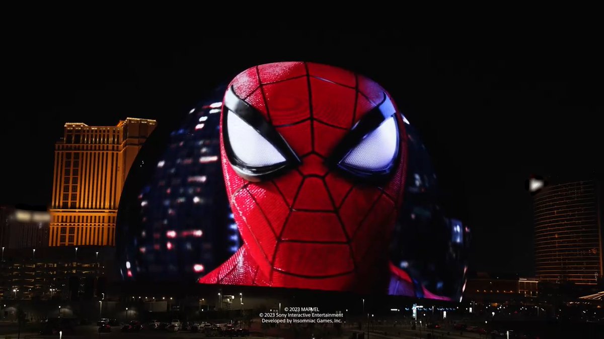 Two Spideys have taken over Sphere. Marvel’s #SpiderMan2PS5 is out now on PS5. #BeGreaterTogether