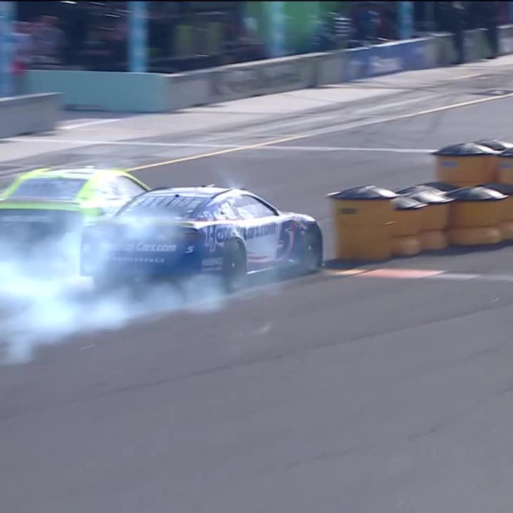 Larson hits the barriers at the entrance of pit road! #NASCARPlayoffs