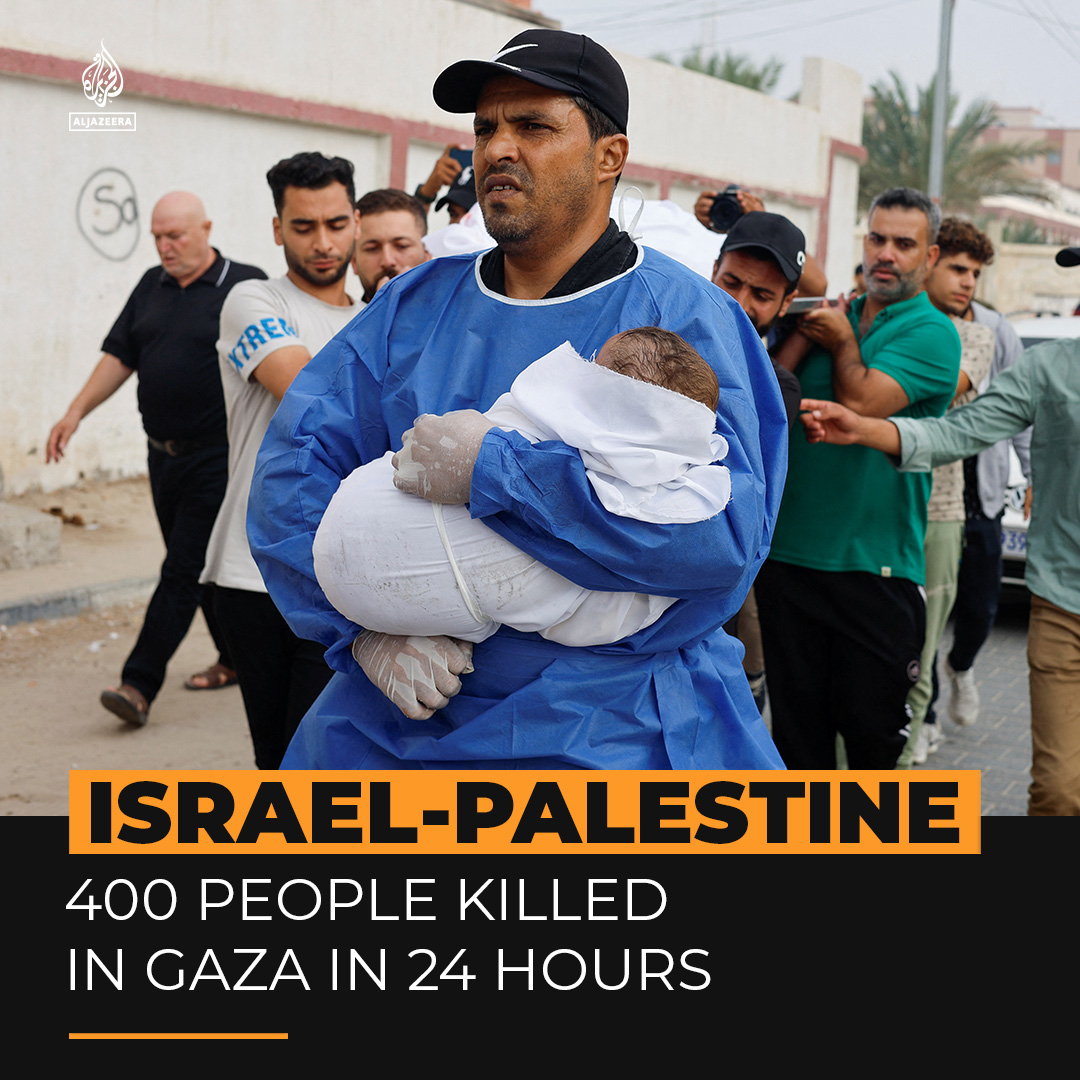 At least 400 Palestinians were killed by Israeli air strikes on the besieged Gaza Strip on October 22 alone, say Palestinian health officials.