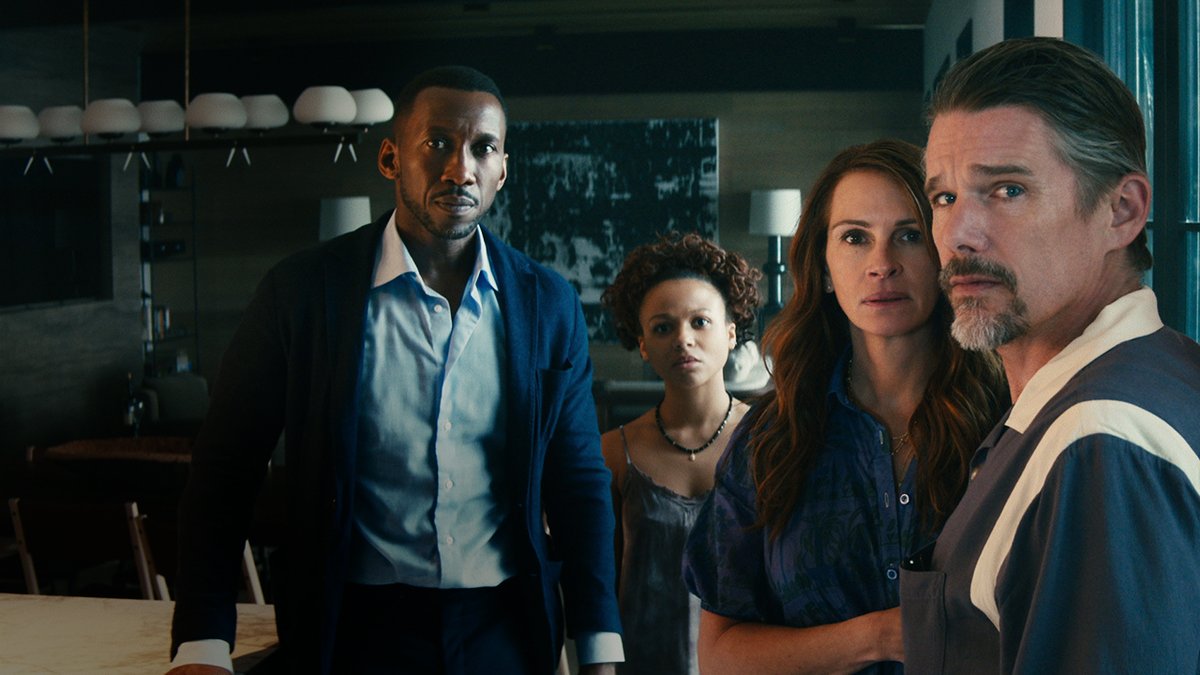 Julia Roberts Mahershala Ali Ethan Hawke Myha’la Kevin Bacon When an idyllic getaway erupts into chaos, trust unravels fast. Leave the World Behind premieres December 8.