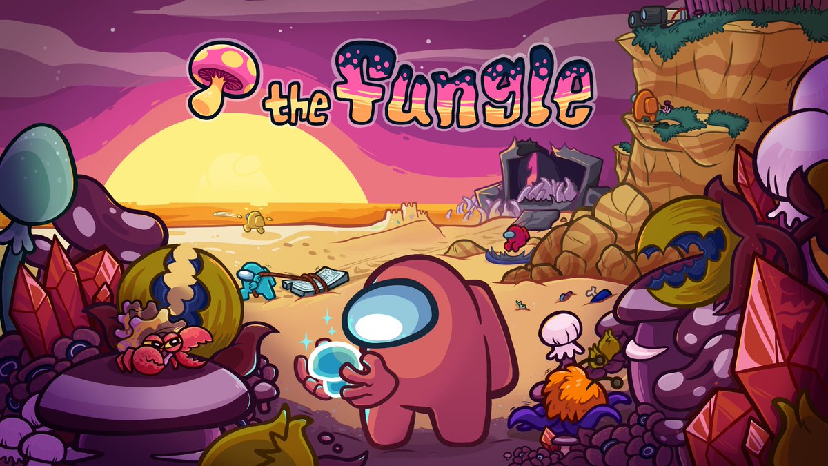 🍄 WELCOME TO THE FUNGLE 🍄 NEW MAP OUT NOW! 🏖️ explore a beachy mushroom jungle... with a zipline! 🎣 new tasks: fish, roast marshmallows, mine ore, more ☁️ spore clouds to hide (or die) in 🍄 a new sabotage 👑 more cosmetics free update on all platforms, v2023.10.24! enjoy!!