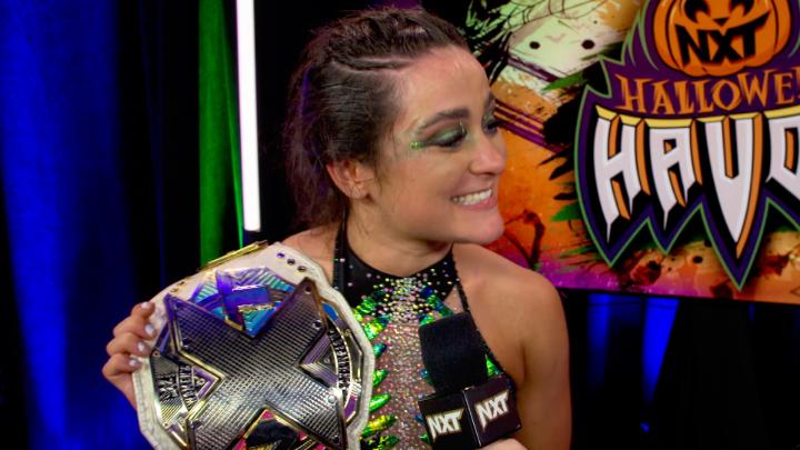 EXCLUSIVE: New #WWENXT Women’s Champion LYRA VALKYRIA gets emotional after defeating her idol, Rebecca Quin, in the main event of #HalloweenHavoc.