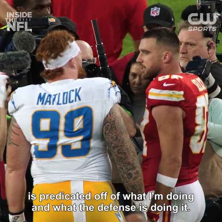 Cool exchange here between Travis Kelce and #Chargers rookie DL Scott Matlock after Sunday's game. Love stuff like this. (🎥 NFL Films)