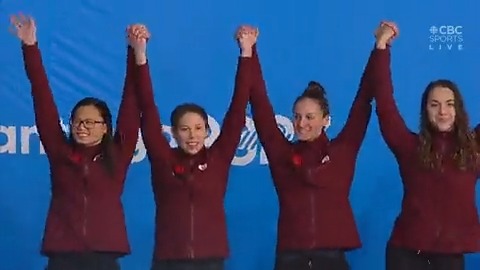 It's GOLD for Canada's Maggie Mac Neil, Rachel Nicol, Danielle Hanus and Mary-Sophie Harvey in the women's 4x100m medley relay 🇨🇦🥇 AND it's a historic fifth gold for Mac Neil, the most gold medals won by a Canadian athlete at a single Pan Am Games 🙌