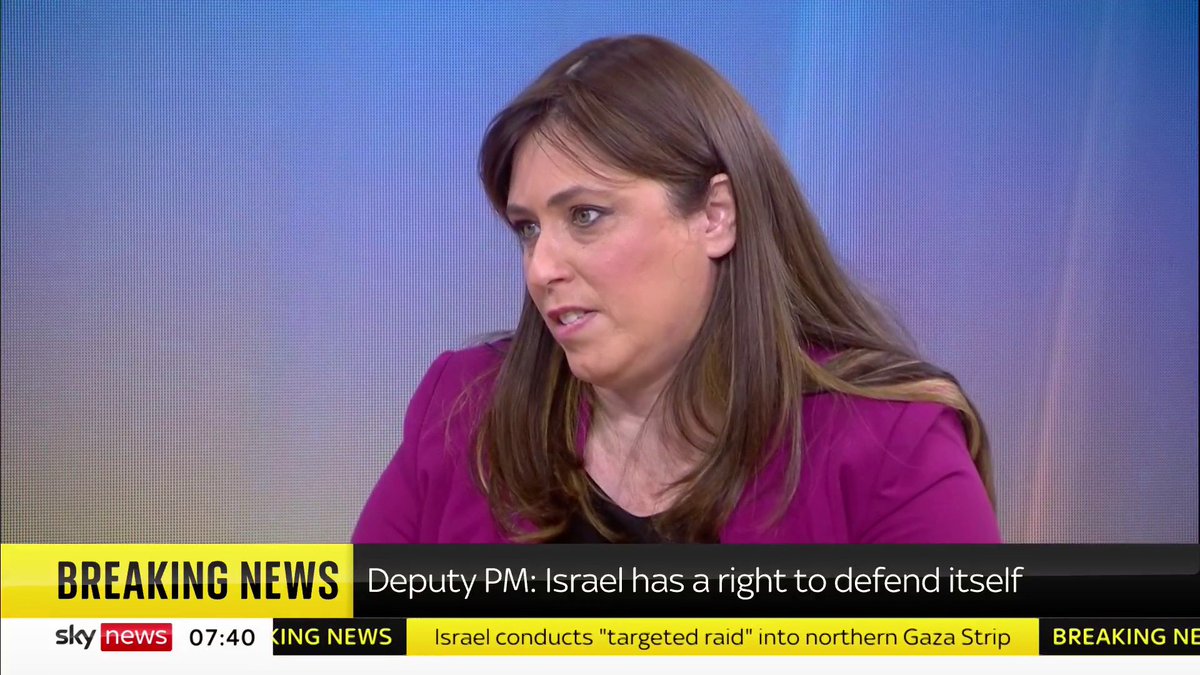 Israeli Ambassador to the UK Tzipi Hotovely says that Israel is "bombing military targets" which is in accord with the Geneva Convention. She says "Hamas was targeting our children, but we are not targeting any civilians." 📺 Sky 501 and YouTube