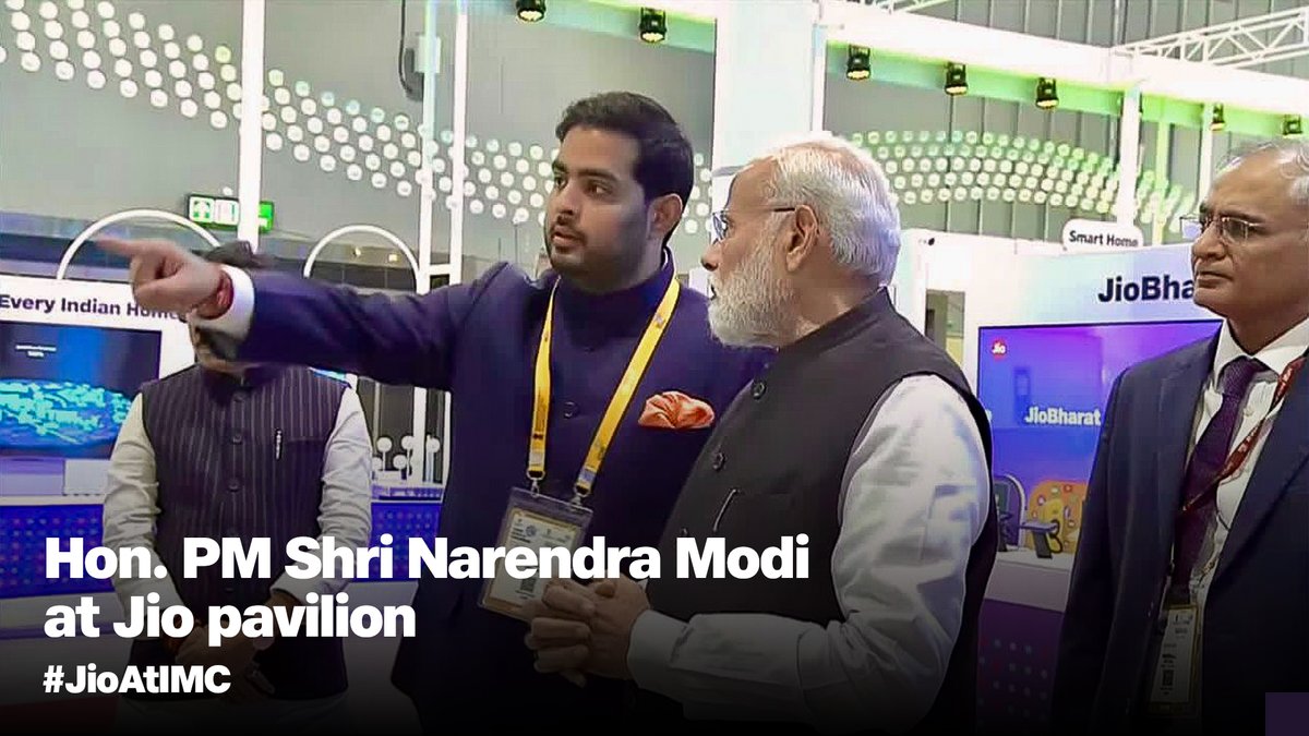 Shri Akash Ambani, Chairman, Reliance Jio Infocomm Ltd, showcasing Jio’s indigenous technology &amp; products and introducing JioSpaceFiber to the Hon. PM Shri Narendra Modi at the Jio pavilion at #IMC2023. #JioAtIMC #PMAtIMC2023 #JioSpaceFiber #Satellite #Jio #India #Technology
