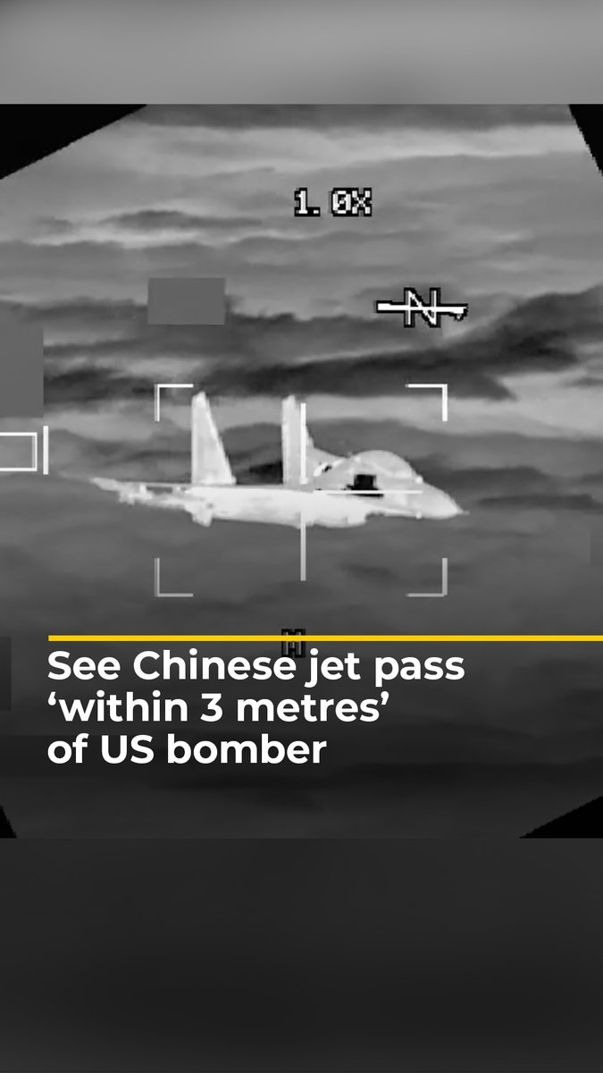 A Chinese fighter jet flew within three metres of a US B-52 bomber over the South China Sea, according to a video and statement released by the US military. China’s military blamed the US for the incident.