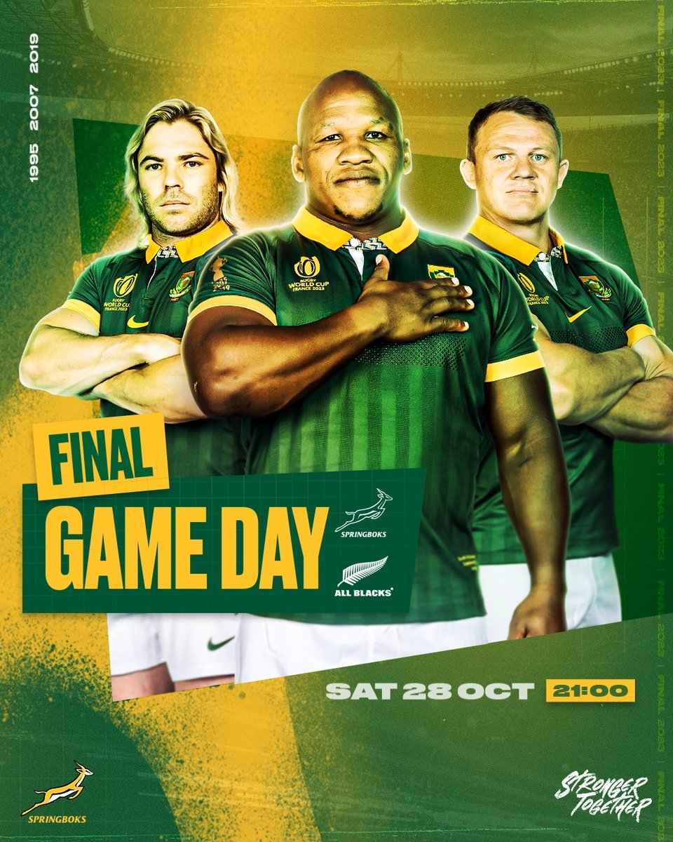 Game Day for the #RWC2023 final 🏆 Don’t miss any of the action. Watch the game live on Supersport from 21:00 #StrongerTogether #Springboks