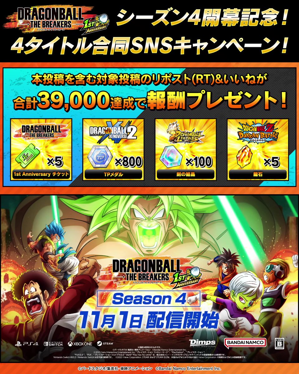 / #ドラゴンボールザブレイカーズ シーズン4開幕記念! 4タイトル合同SNSキャンペーン \ 本投稿をリポスト&いいねして、報酬獲得を目指そう! 対象投稿のリポストといいねの合計数が39,000を達成すると各タイトルでも報酬がもらえるぞ! 期間:11/11(土) 22:59まで