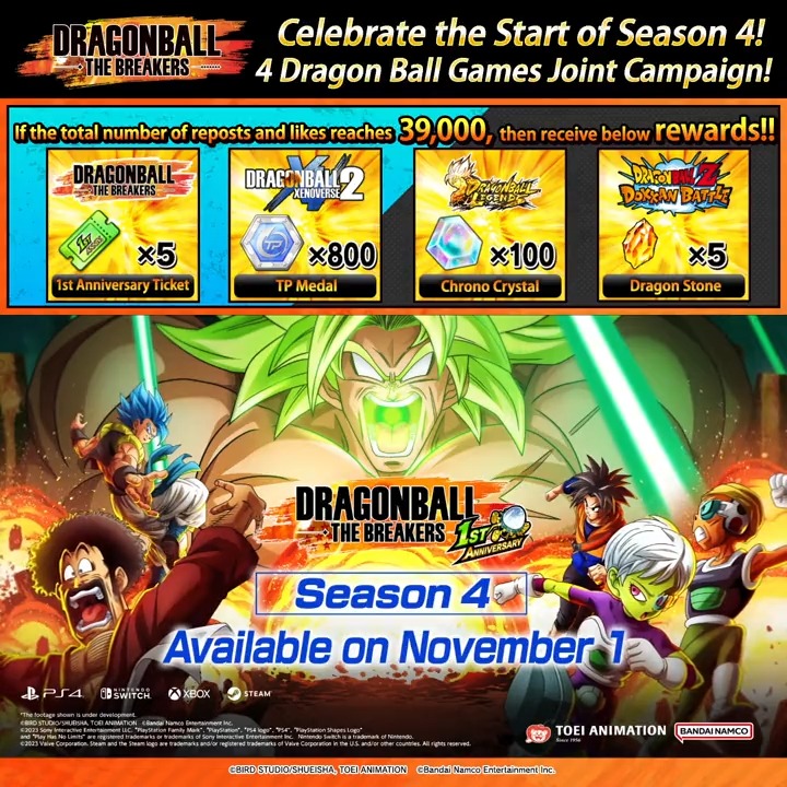/ 4 Dragon Ball Games Joint Campaign! Celebrate the start of #DBTB Season 4! \ Like & repost this post, and aim for the reward! If this post gets 39K reposts and/or likes you will get a gift on #dokkanbattle Until: 11/11 5:59 PST #dokkan #dragonball