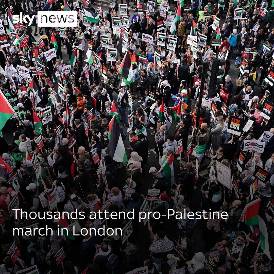 Thousands of people have joined a pro-Palestine protest in London calling for an end to Israel's bombardment of Gaza. Police estimated around 100,000 demonstrators gathered in the capital. Read more: