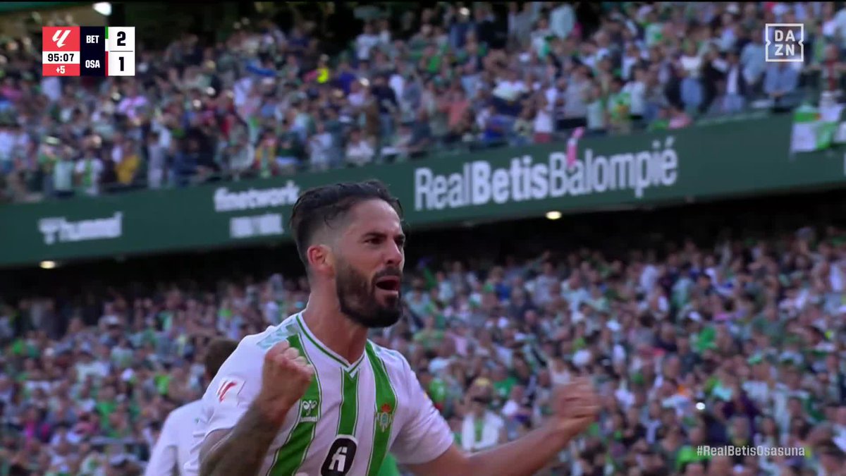 No digan MVP. Digan ISCO ALARCON 🔥 La locura del Benito Villamarín con su gol en el 95' ✨ ¡Para darle la victoria al Real Betis Balompié 🌴💚! 💥 Para decir que sí, que el mejor Francisco Alarcón está de vuelta 🎩 #LALIGAenDAZN ⚽
