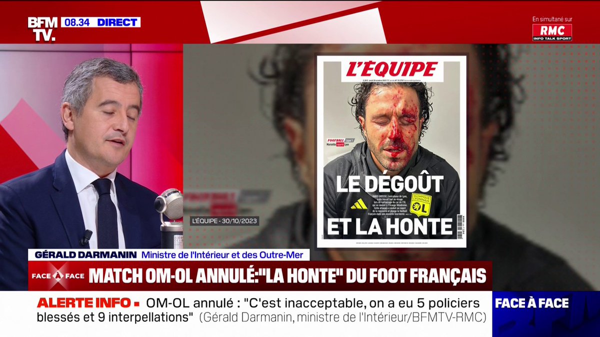 Match OM-OL annulé: Gérald Darmanin (Gérald DARMANIN) pointe "la responsabilité des supporters et des clubs"