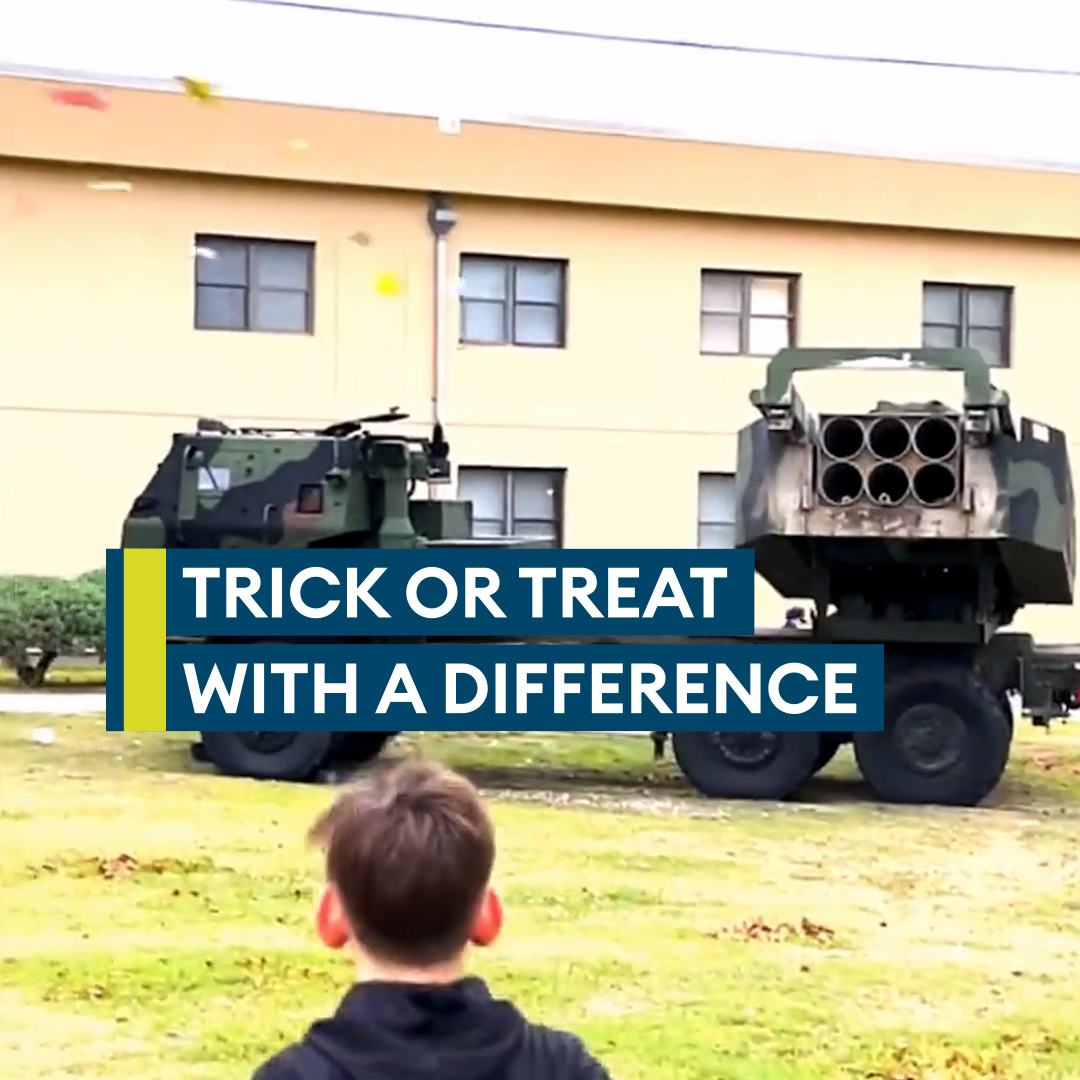 Not your conventional way to hand out sweets to trick or treaters 🍬 🍫 🍭 but it looks A LOT of fun... Check out the US military blast candy from a HIMARS Multiple Launch Rocket System.🧙‍♀️ 🎃 👻