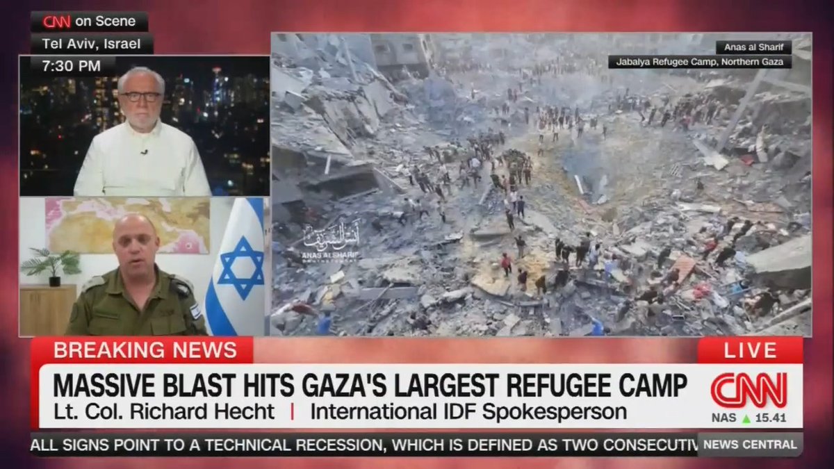 International IDF spokesperson confirms to CNN’s Wolf Blitzer that it was an Israeli strike that hit the Jabalia refugee camp. Blitzer: “But you know that there are a lot of...innocent civilians...in that refugee camp as well, right?” Spox: “This is the tragedy of war, Wolf.”