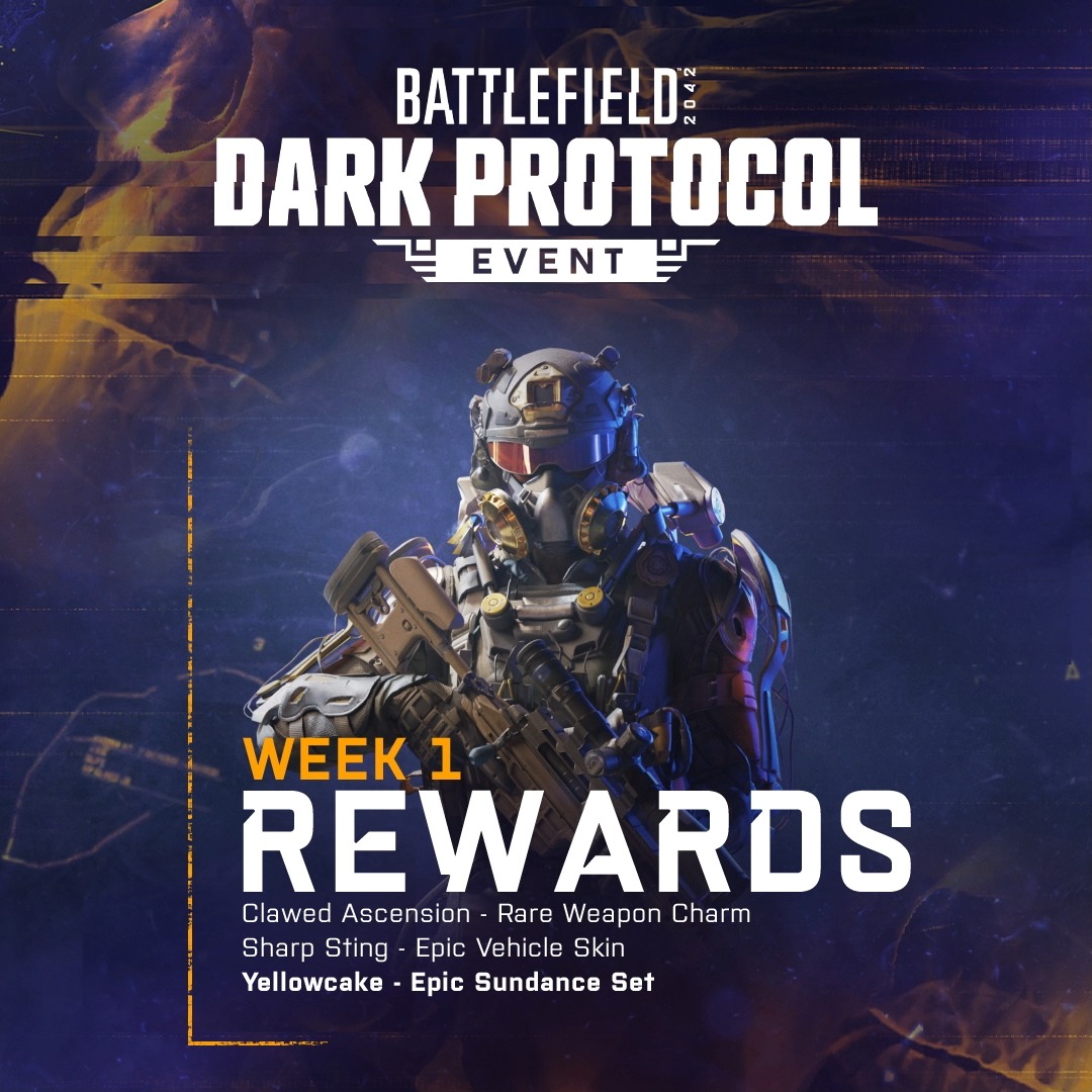 Earn Ribbons, win rewards during the first week of the #BF2042 Dark Protocol event. 💠 Clawed Ascension - Rare Weapon Charm 💠 Sharp Sting - Epic Vehicle Skin 💠 Yellowcake - Epic Sundance Set