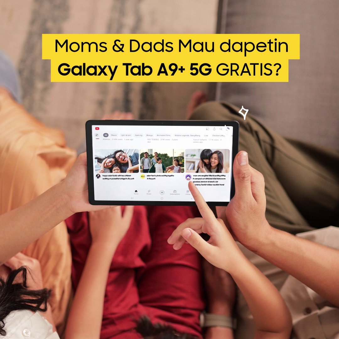GIVEAWAY ALERT 📣📣 Moms &amp; Dads, mau dapat kesempatan memenangkan 1 unit #GalaxyTabA9Plus 5G? 🎁😍 Jangan lupa pakai hashtag #GalaxyTabA9Plus 5G, #MakinSenangMakinTenang, #MakinManTAB sebelum 8 November 2023.