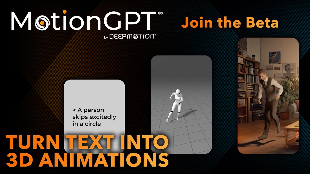 Announcing MotionGPT by DeepMotion - Create 3D animations from just a text prompt with our new Generative AI platform. No videos, no cameras, just words. Sign up for the Beta 👉 #deepmotion #motiongpt #generativeai #ai #technology #gamedev #vfx #animation