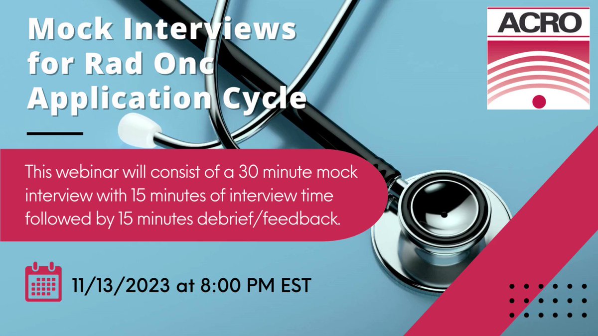 We're hosting mock interviews for #medstudents applying to #radonc on 11/13 from 8-9 pm EST! The webinar will consist of a 30-minute mock interview including 15 minutes of interview time and 15 minutes debrief/feedback. Learn more: ACROresident