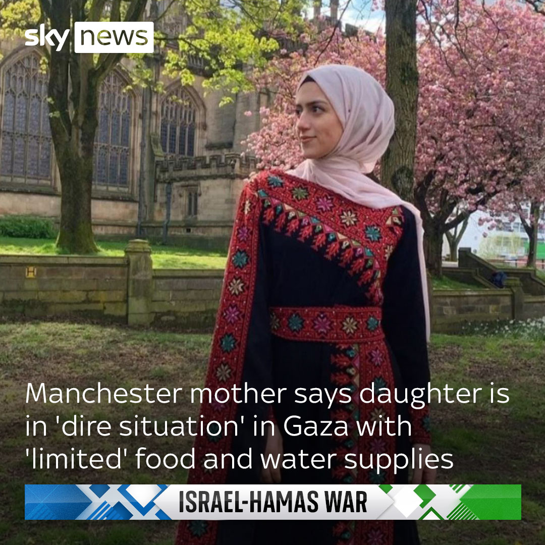 Lalah Ali Faten from Manchester told Sky News her daughter Zaynab Wandawi, 29, is still trapped in Gaza. Zaynab travelled to Gaza with her in-laws to attend a wedding just days before the Israel-Hamas war erupted, and has since been attempting to leave 🔗