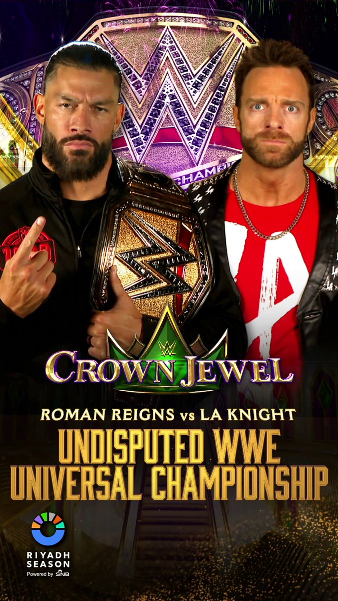 Who ya got when Roman Reigns defends the Undisputed WWE Universal Championship against LA Knight at #WWECrownJewel? Paul Heyman WWE Crown Jewel streams TOMORROW exclusively on Peacock in U.S. and WWE Network everywhere else with a special start time of 1PM ET/10AM PT!