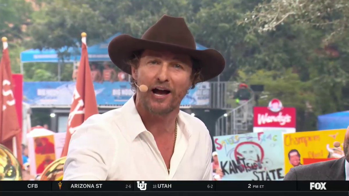 "Let them know, 'you came to the wrong backyard today, go on back to Kansas.'" 🤘😤 Big Noon Kickoff Matthew McConaughey gives Texas Football a pregame speech ahead of their matchup vs Kansas State ⬇️