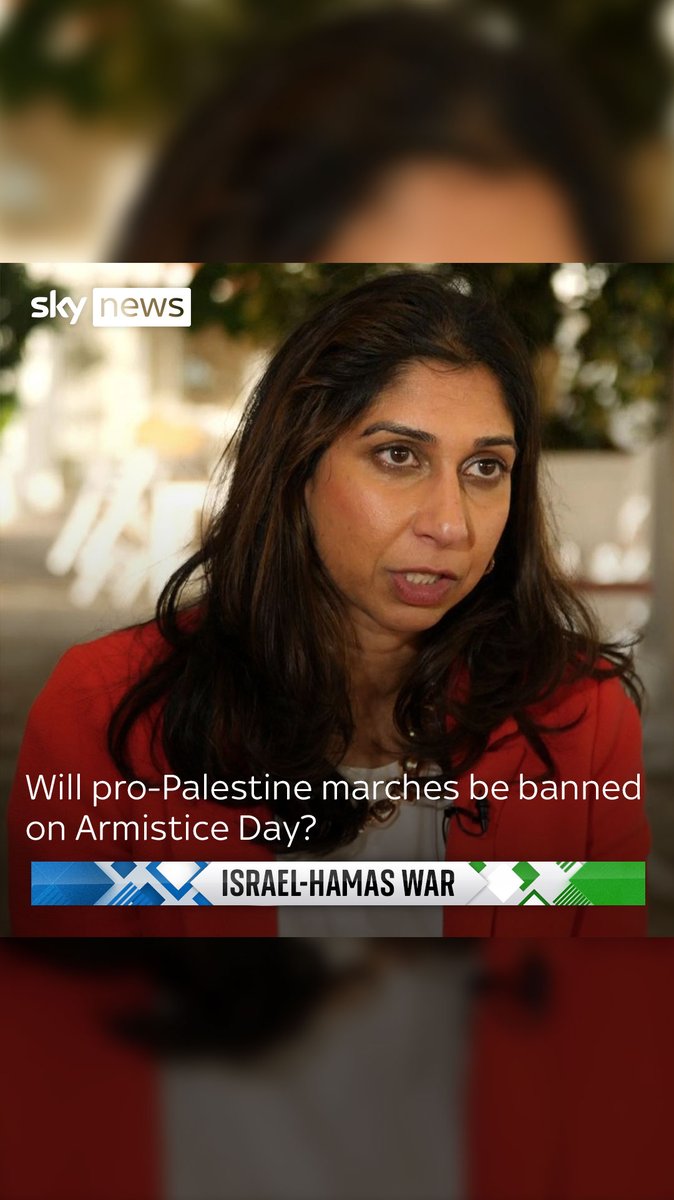 Home Secretary Suella Braverman says police will asses whether the Pro-Palestine marches on Armistice Day should be banned, and that if they send her an application she will consider it. Read more: