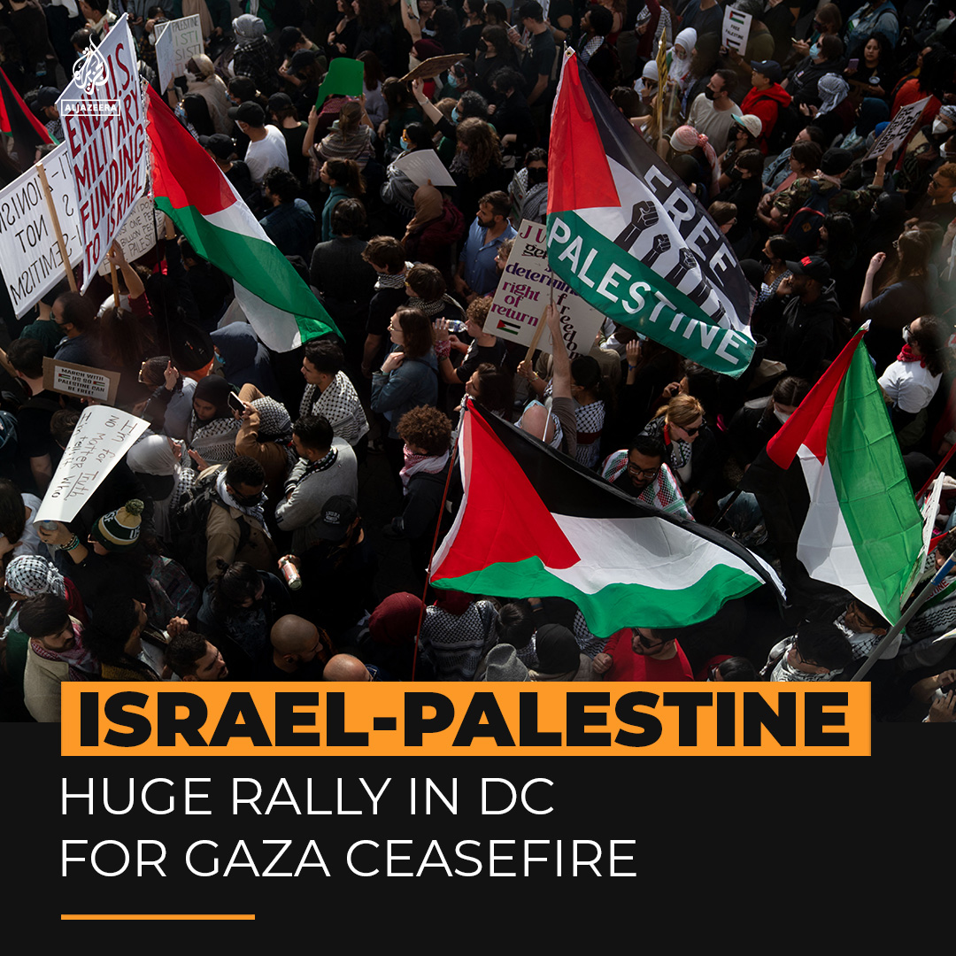 Tens of thousands of people have marched in Washington DC in support of Palestine, demanding an end to Israel’s bombardment of the besieged Gaza Strip. The US has resisted calls to support a ceasefire despite the soaring Palestinian death toll ⤵️