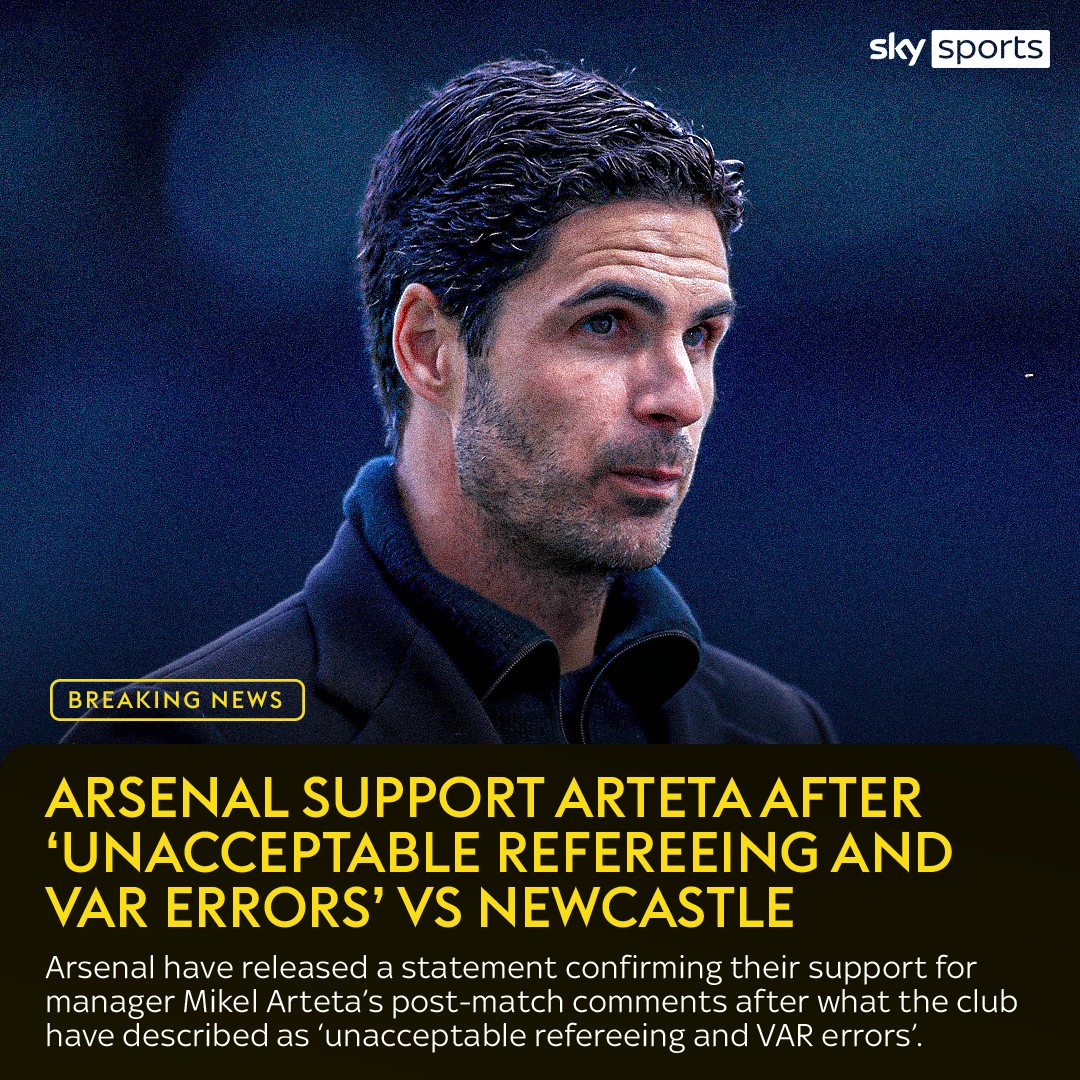 BREAKING: Arsenal have released a statement declaring their support for Mikel Arteta's post-match comments after their 1-0 defeat to Newcastle on Saturday. Arsenal say there were "unacceptable refereeing and VAR errors" during the match 🔴