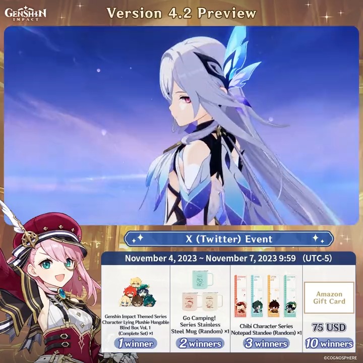 ✨Version 4.2 goes live in 2 days!✨ Version 4.2 Preview #GenshinImpact X (Twitter) Event How to Participate: ① Follow Genshin Impact ② Retweet this post And you can instantly receive the event results! Event Rules: #FollowGenshinImpact