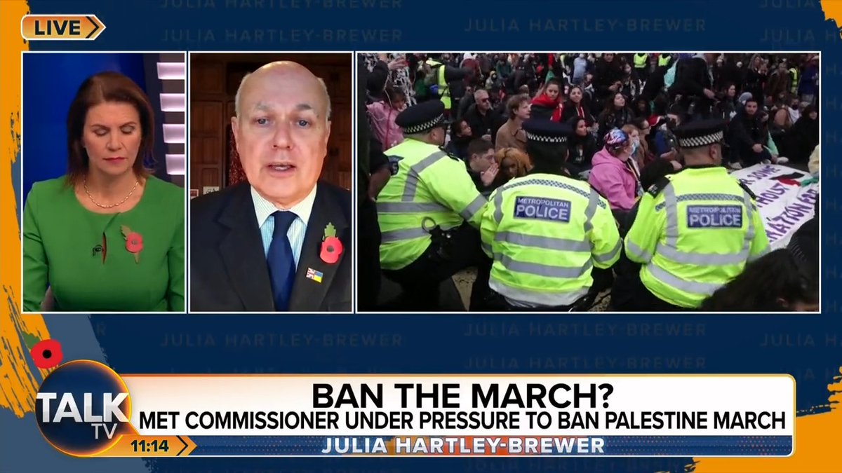 Sir Iain Duncan Smith says pro-Palestine protests “should be banned all over the country” on Armistice Day. “All those soldiers stood up for the rights they are exercising. But, they should step back and let us have that period so we can do so in peace.” Julia Hartley-Brewer | Iain Duncan Smith MP Chingford & Woodford Green
