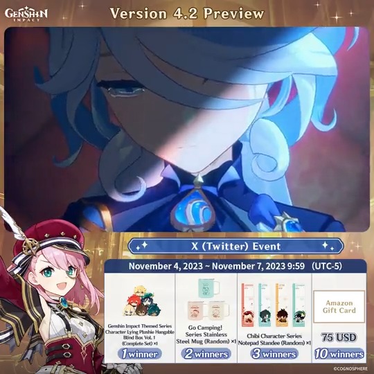 ✨Version 4.2 goes live in 1 day!✨ Version 4.2 Preview #GenshinImpact X (Twitter) Event How to Participate: ① Follow Genshin Impact ② Retweet this post And you can instantly receive the event results! Event Rules: #FollowGenshinImpact