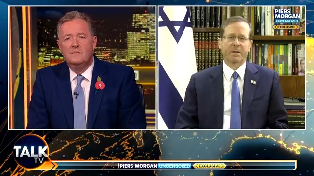 "Angelina Jolie does not offer the Israeli people any ability to defend themselves by saying what she is saying." President יצחק הרצוג Isaac Herzog tells Piers Morgan he "totally rejects" the actress's recent criticism of Israel on social media. Watch more at 8pm (UK). Talk | #PMU
