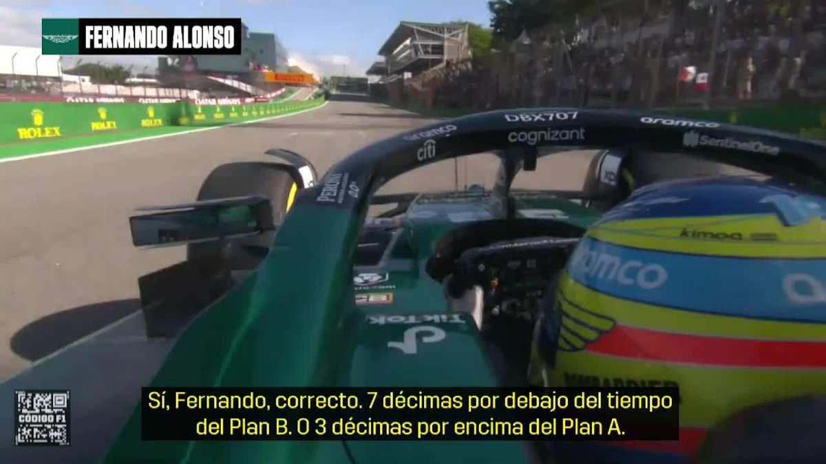 Alonso se olvida del tiempo objetivo que tiene que hacer Escuchad cómo se las ingenia para que le respondan sin decirle el número y evitarle darle información a Checo. Alonso es otro rollo. 🐐
