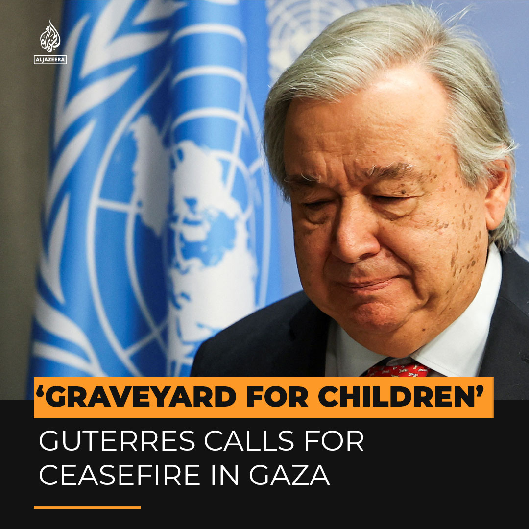 "Gaza is becoming a graveyard for children." UN Secretary General Antonio Guterres is reiterating his call for a ceasefire in Gaza as the number of deaths surpasses 10 thousand ⤵️