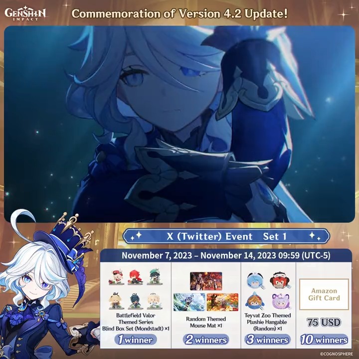 ✨Day 1✨ Commemoration of Version 4.2 Update! #GenshinImpact3Years X (Twitter) Event - Set 1 How to Participate: ① Follow Genshin Impact ② Retweet this post And you can instantly receive the event results! Event Rules: #FollowGenshinImpact