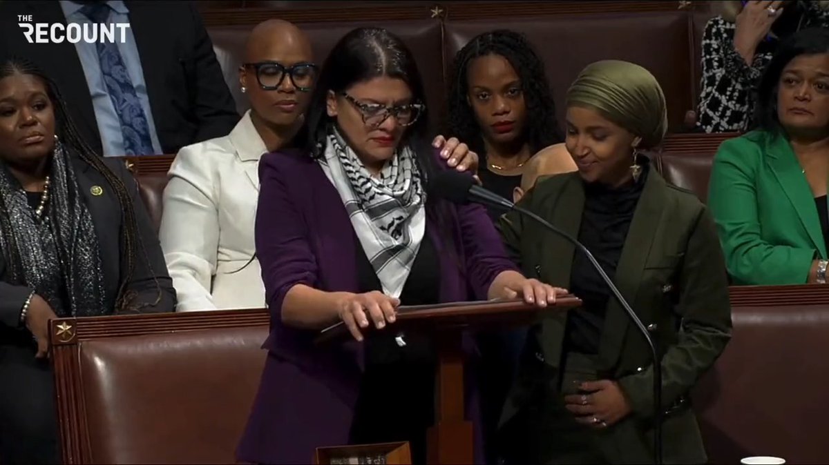 Rep. Rashida Tlaib (D-MI) chokes up while condemning the resolution to censure her that the House is considering: “Speaking up to save lives, Mr. Chair, no matter faith, no matter ethnicity, should not be controversial in this chamber.”