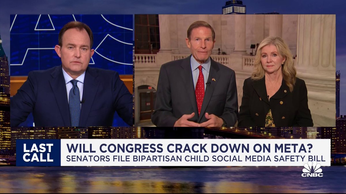"The hold up is the hundreds of millions of dollars spent by Big Tech to try to kill this bill," says Richard Blumenthal on the bipartisan Kids Online Safety Act. "They love their business model. More eyeballs for longer periods of time means more advertisers." $META