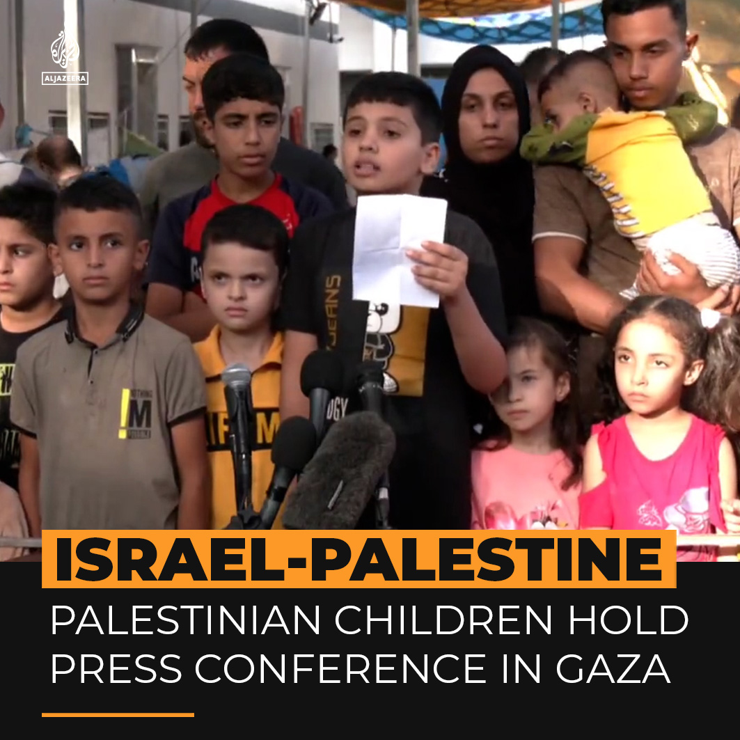 “We want to live as other children live.” Palestinian children in Gaza held a press conference outside al-Shifa Hospital to plead with the world to end Israel’s bombardment. Children make up nearly half of the victims killed in Gaza.