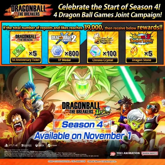 / 4 Dragon Ball Games Joint Campaign! Celebrate the start of #DBTB Season 4! \ We're almost there! This post also counts towards the campaign! Repost & like any of the eligible posts to get in-game rewards for #dokkanbattle !