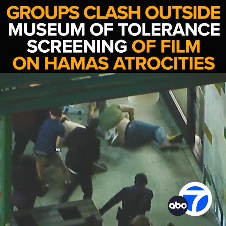 #BREAKING: Two groups clash outside L.A.'s Museum of Tolerance as the center screens a film on Hamas atrocities. LAPD officers move in as several people appear to have been punched and pepper-sprayed. Eyewitness News is live with the tense situation. Tonight at 11 from ABC7