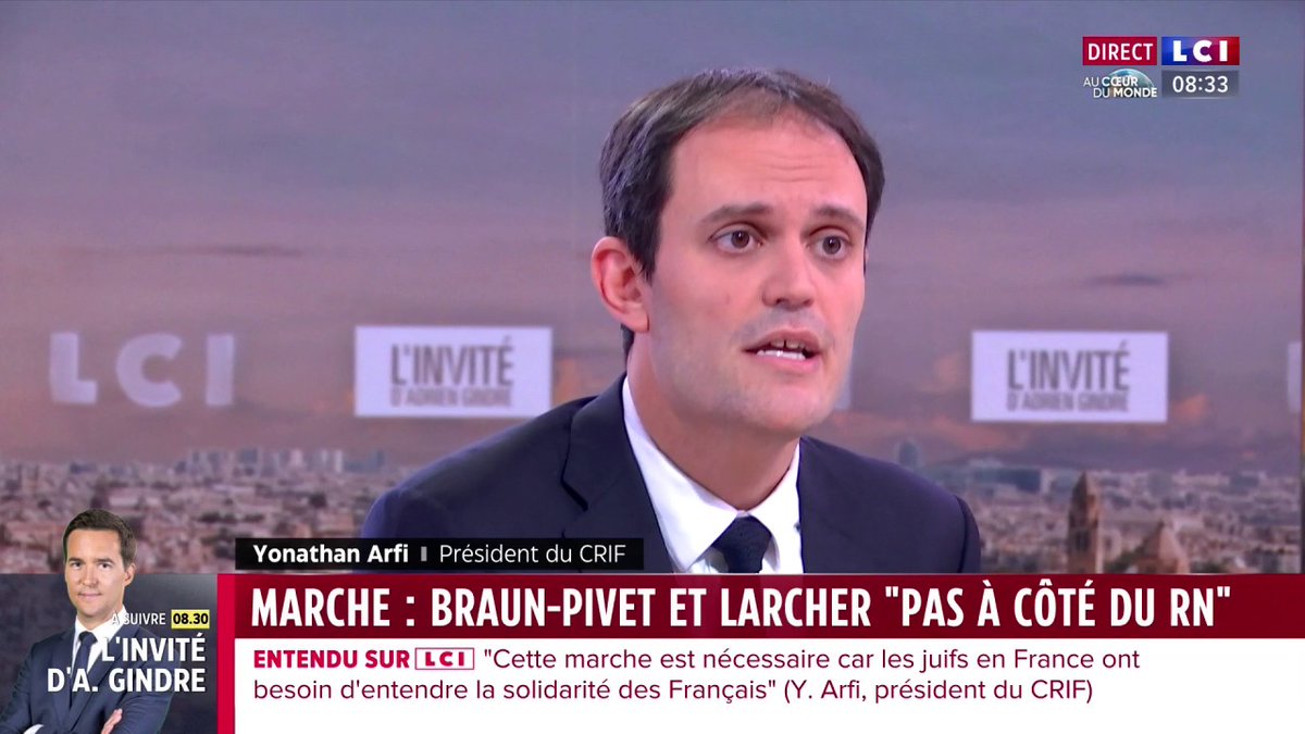 🗣️"Je souhaiterais que le RN ne soit pas là. Nous ne souhaitons pas que des personnes héritières d'un parti fondé par des anciens collaborateurs soient présentes" : Yonathan Arfi à Adrien Gindre. Rappelant les propos de Jordan Bardella qui refuse de qualifier JM Le Pen d'antisémite.