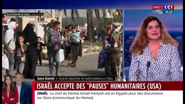 #Gaza - Israël accepte des pauses humanitaires : « On voit des scènes complètement folles de Palestiniens avec des drapeaux blancs qui sont accompagnés par l’armée israélienne. Ils les protègent du Hamas. » Sara Daniel #24hPujadas #LCI #La26 ⤵️