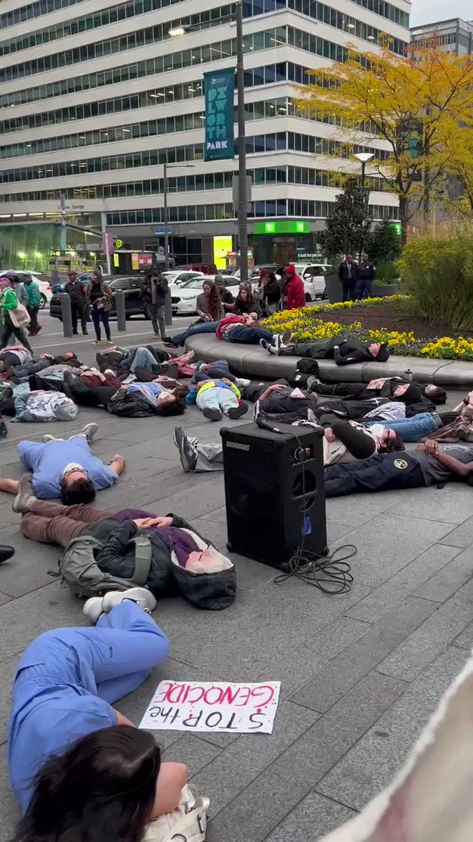 Philadelphia healthcare workers stage a protest for Gaza in front of City Hall.