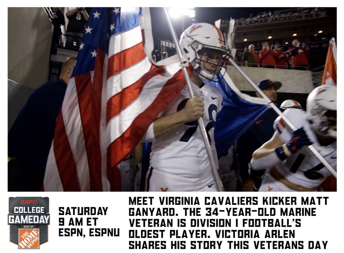As an undergrad, Matt Ganyard never made the Virginia Football roster but didn't give up Following a decade of U.S. Marines service, Ganyard is a UVA grad student, #GoHoos kicker &amp; D1 football's oldest player Victoria Arlen shares more on College GameDay 🏈 Sat | 9a ET | ESPN, ESPNU, ESPN App