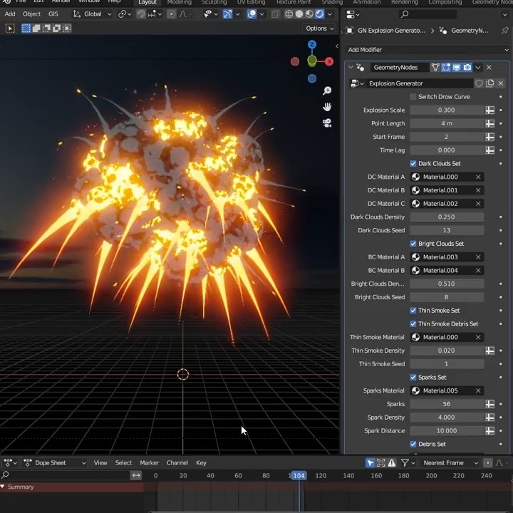 アニメ風爆発ジェネレーター モーション付けして開始フレームやスピード等もけっこう細かく制御できるようにしました。 ペンだけでなく好きなオブジェクトにもセット可、ついでに飛散する火雲とか何か色々オンオフできるようにしてみた。 #blender #b3d #geometrynodes