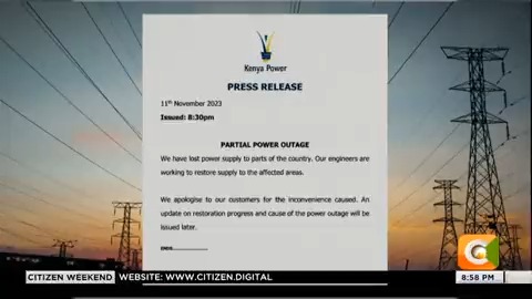 Nationwide power blackout again? Most parts of the country in darkness. Kenya Power says 'parts' of the country in darkness. JKIA suffers power blackout, currently in darkness #CitizenWeekend Victoria Rubadiri