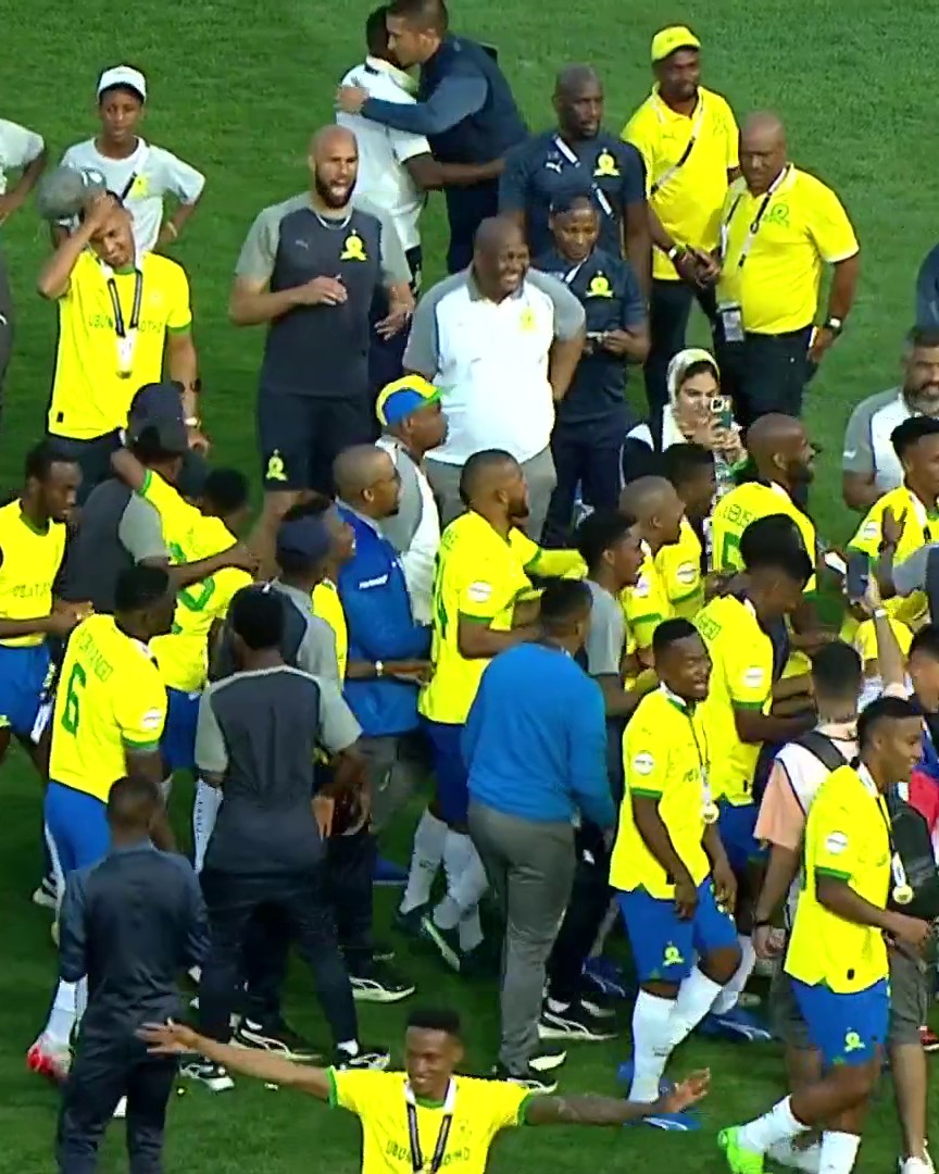The players celebrate with coach Rulani Mokwena Watch live and replay on 🔥 (except Tanzania)