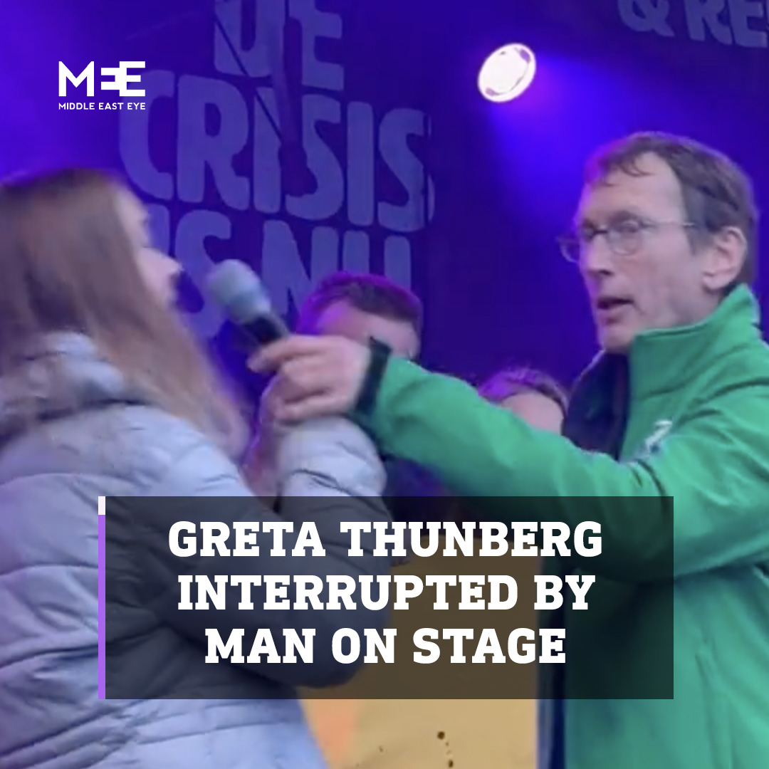 "No climate justice on occupied land" Climate activist Greta Thunberg is interrupted by a man on stage who grabs the mic from her saying "I have come here for a climate demonstration, not a political view" after Greta chanted in solidarity with Palestine
