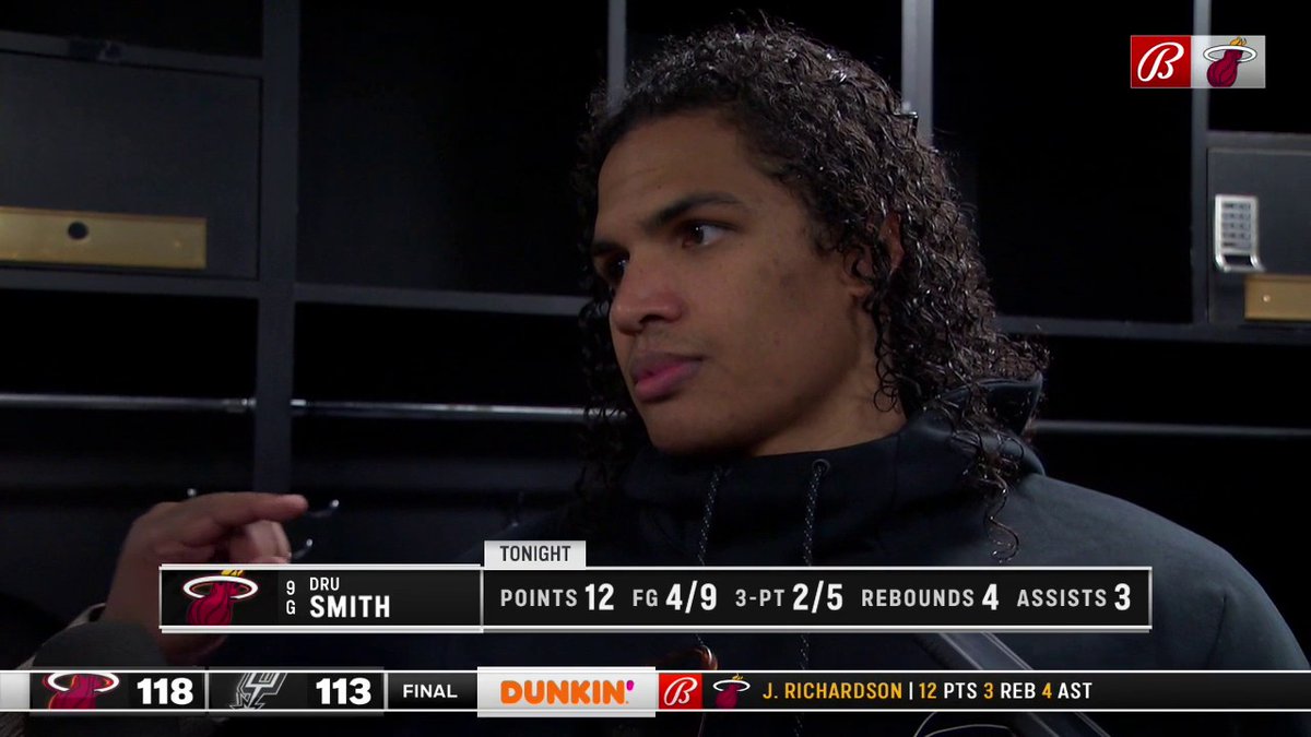 "Trying to leave my imprint on the game...just us showing that 𝙜𝙧𝙞𝙩 and that character to be able to respond." Dru Smith speaks after starting the 2nd half for Miami and "impacting winning" in tonight's game in San Antonio Miami HEAT | #HEATCulture
